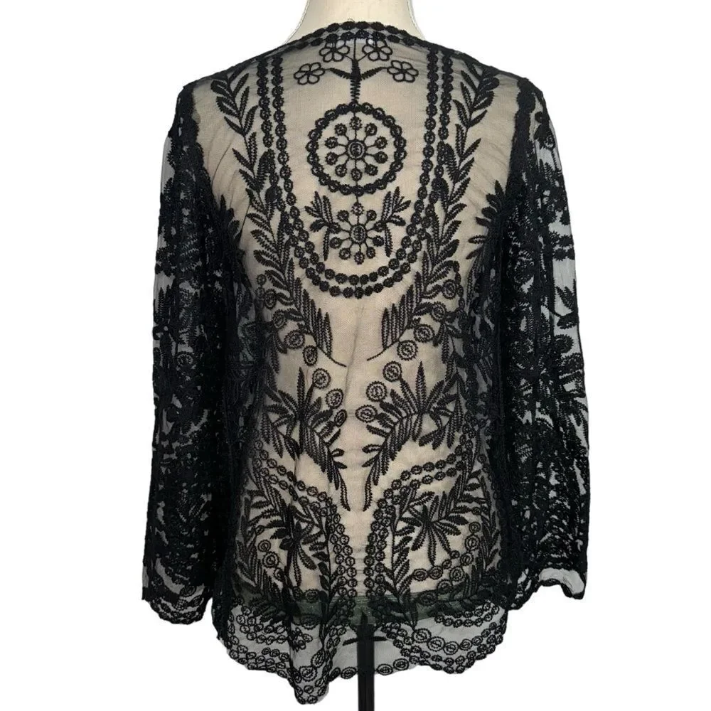 Simaier Solid Black Long Sleeve Sheer Round Neck Lace Floral Swim Coverup size M